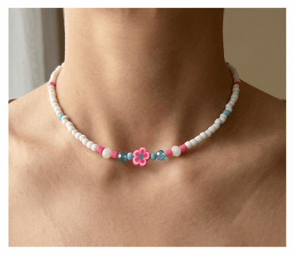 Handcrafted Pink Bloom Beaded Necklace, Metal-Plated Clasp w/ Extension Chain