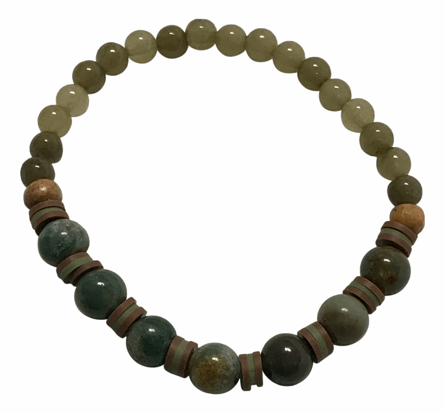 Handmade Green Stone Bracelet – Polished Beads with Brown & Cream Disc Spacers