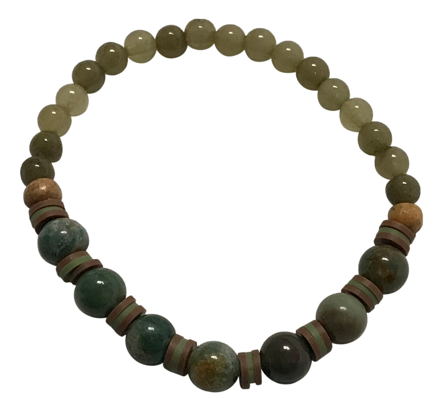 Handmade Bracelet – Green Stone-Style Beads with Brown & Cream Disc Spacers – Boho Jewelry