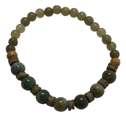 Handmade Bracelet – Green Stone-Style Beads with Brown & Cream Disc Spacers – Boho Jewelry