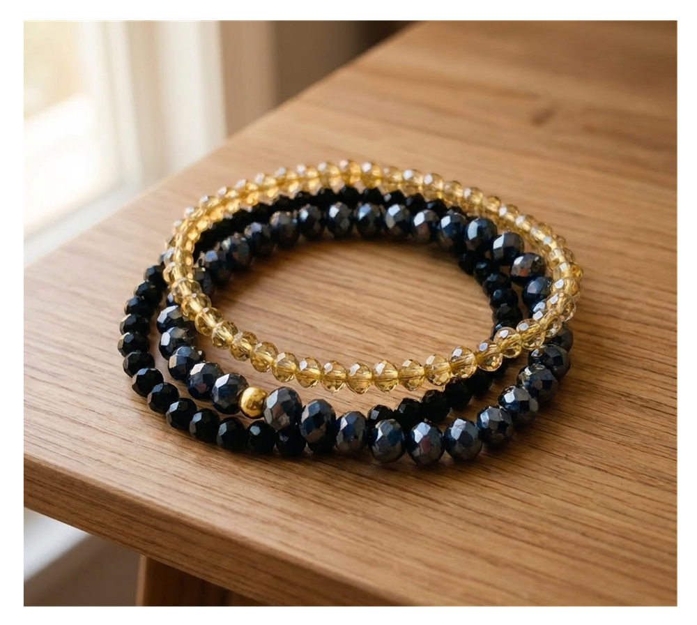 Handmade Black, Dark Grey, Light Amber Beaded Bracelet, Smoky Quartz & Obsidian Stack