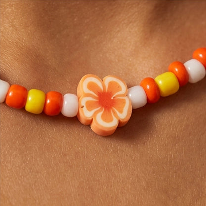 Orange Daisy Seed Bead Choker Necklace, Summer Y2K Jewelry, Metal Clasp Extension