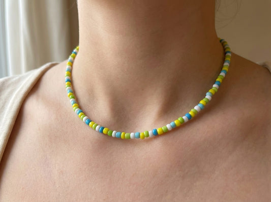 Handmade Lime & Turquoise Beaded Choker, Minimalist Seed Bead Necklace, Summer Surf Jewelry, Dainty Beach Layering Piece for Her