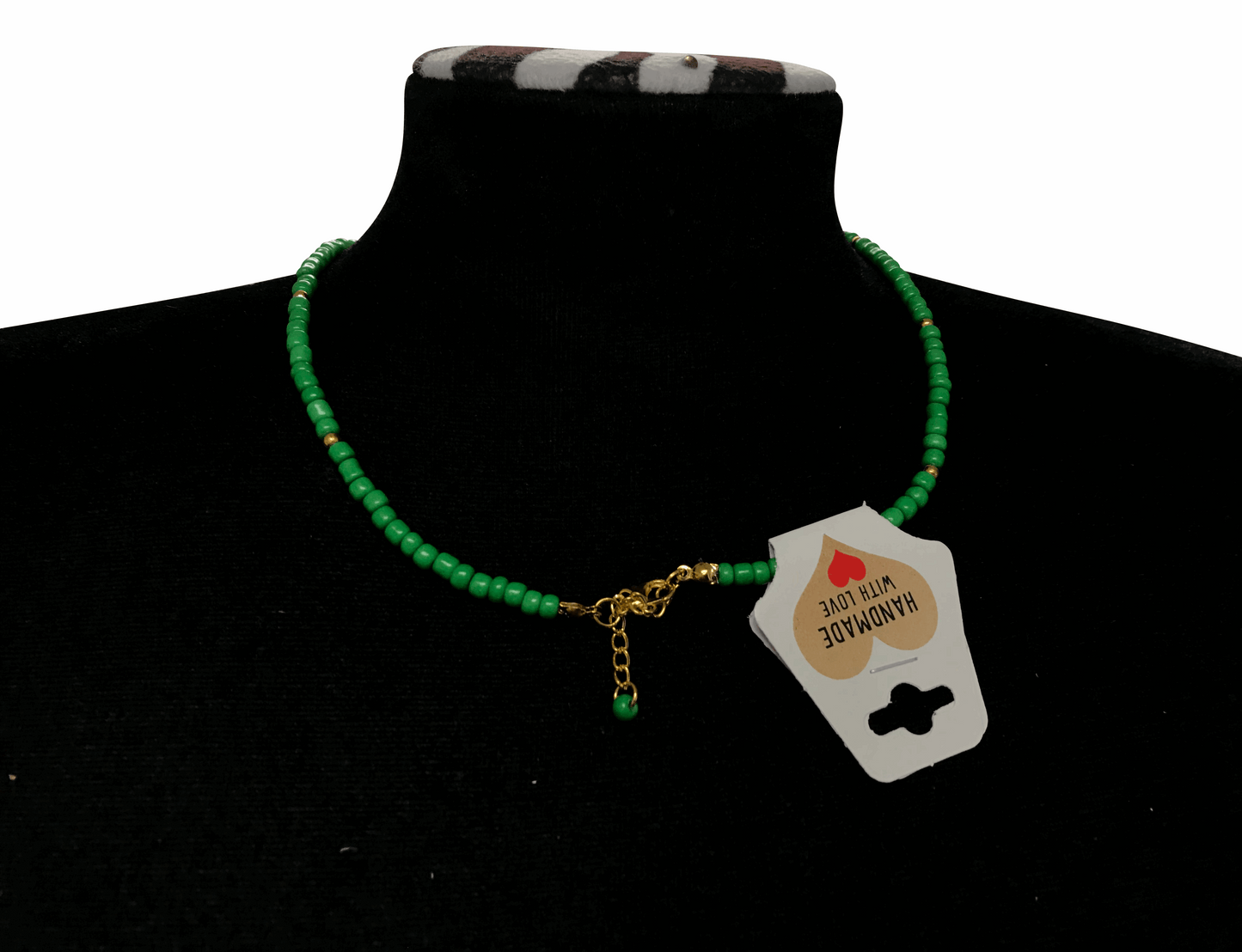 Green Seed Bead Necklace with Gold Star Charms, Dainty Beaded Jewelry Metal-Plated Clasp w/ Extension Chain