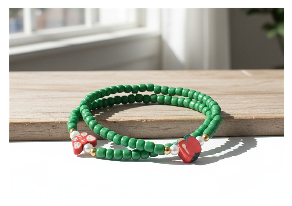 Handmade Solid Green Beaded Bracelet with Accent Charms, Novelty Jewelry, Boho-chic