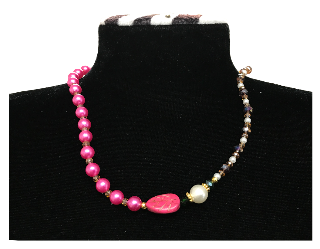 Handcrafted Pink Pearl-like Necklace with Faceted Crystal-style Beads, Metal-Plated Clasp w/ Extension Chain