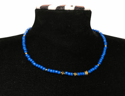 Royal Blue Beaded Star Necklace Minimalist Blue Bead Choker Jewelry Metal-Plated Clasp w/ Extension Chain
