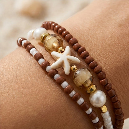 Handmade Brown White Gold Beaded Bracelet Set, Starfish Charm, Boho Ocean Jewelry