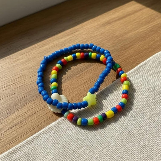 Colorful beaded bracelet on a wooden surface