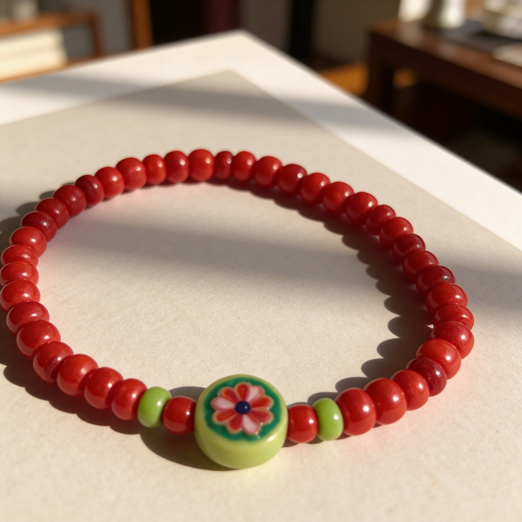Red beaded bracelet with a floral green bead on a light surface