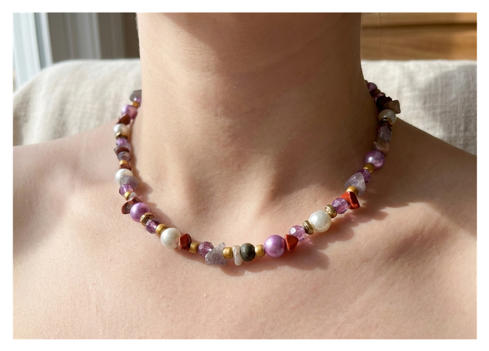 Handcrafted Rustic Mixed Bead Necklace with Natural Stones, Metal-Plated Clasp w/ Extension Chain
