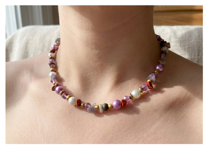 Handcrafted Rustic Mixed Bead Necklace with Natural Stones, Metal-Plated Clasp w/ Extension Chain
