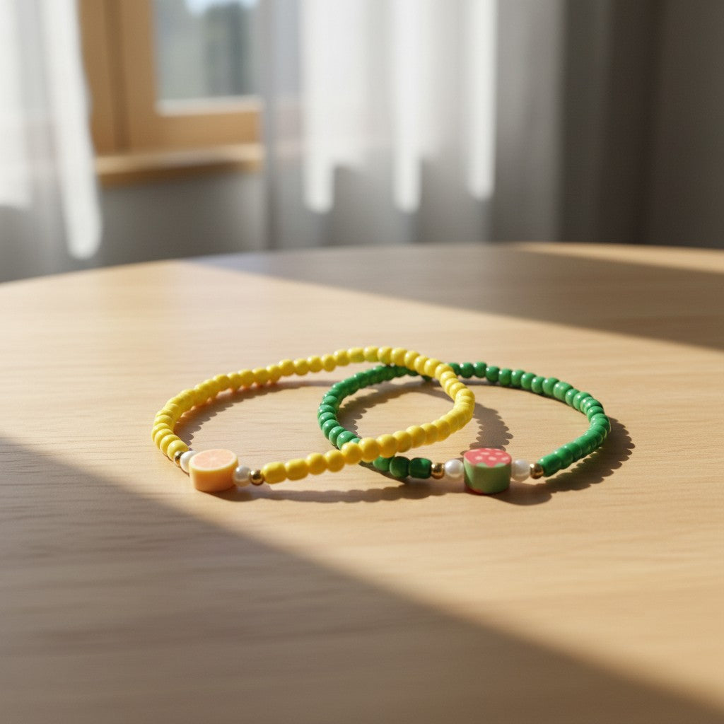 Handmade Green Yellow Beaded Bracelet Set, Fruit Charms, Playful Boho Jewelry