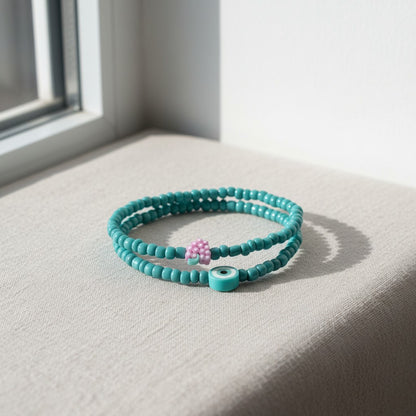 Turquoise Beaded Bracelet Set with Evil Eye Charm, Stretch Seed Bead Handmade Stackable Jewelry