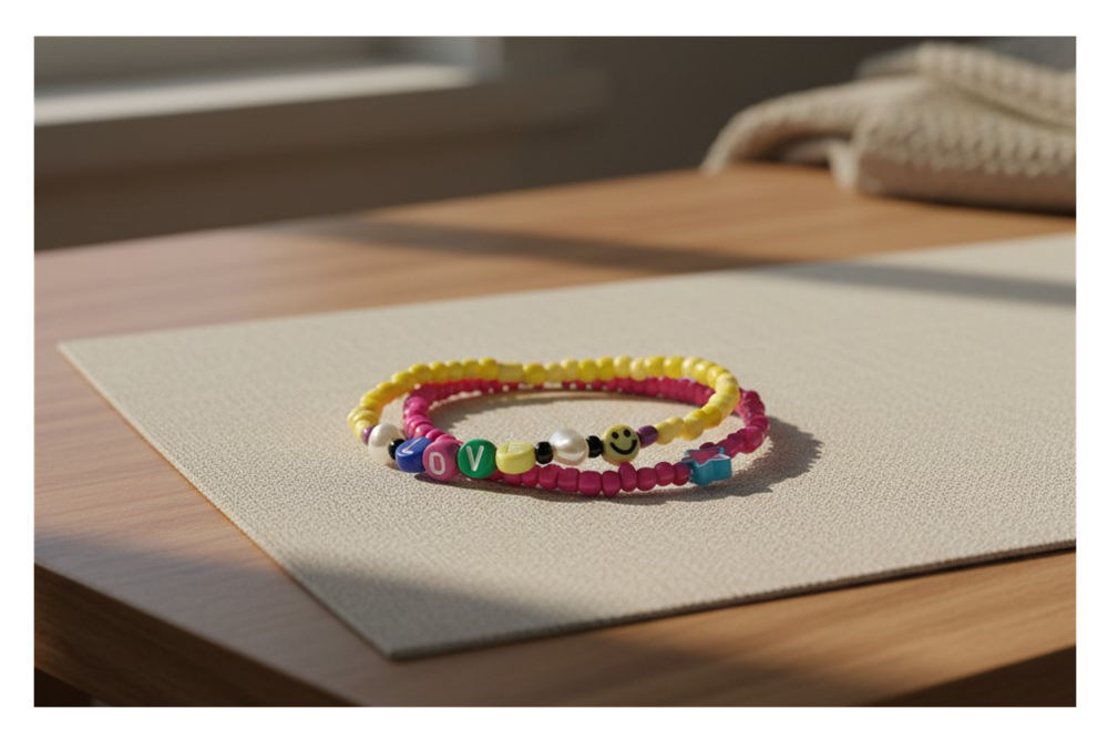 Handmade Hot Pink and Yellow Beaded Bracelet with Charms, Youth/Teen Jewelry, Novelty Bracelet, Boho-chic