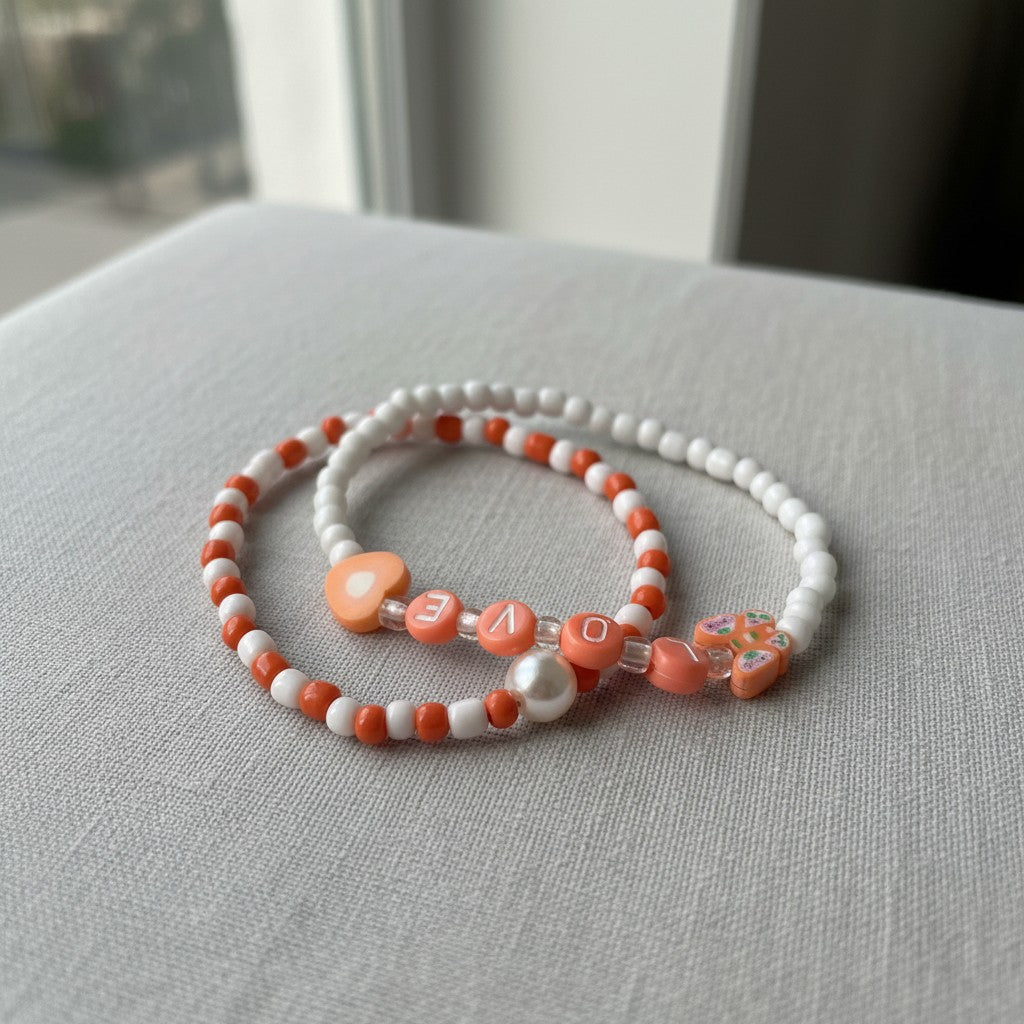 Orange & White Stretch Bracelet Sets, Handmade Heart Accent Stackable Jewelry, Personalized Friendship Duo Bracelets