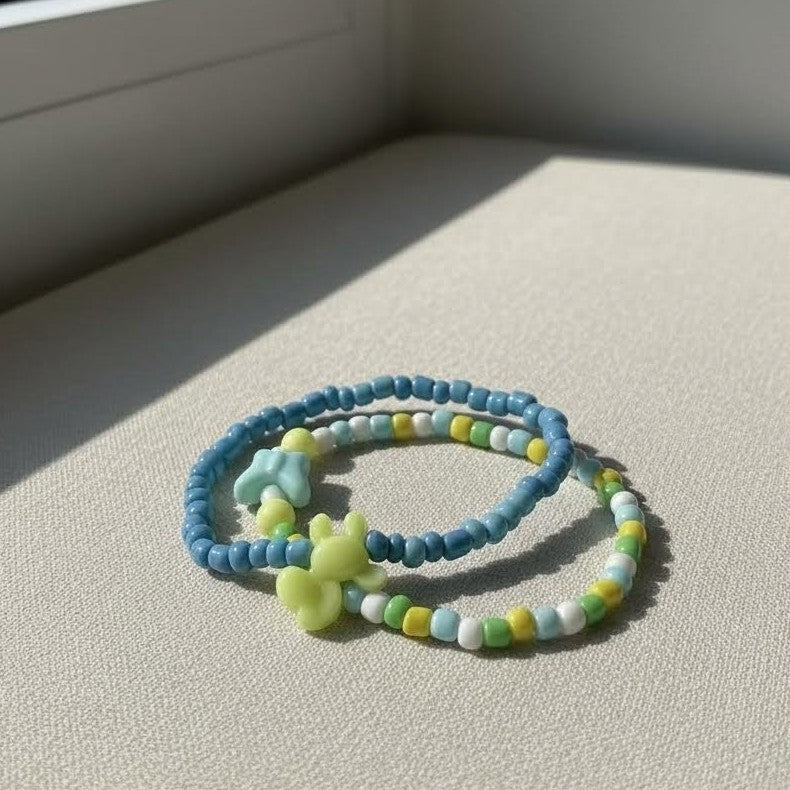 Kawaii Bunny and Butterfly Beaded Bracelet Set, Pastel Seed Bead Jewelry.