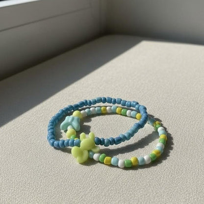 Kawaii Bunny and Butterfly Beaded Bracelet Set, Pastel Seed Bead Jewelry.