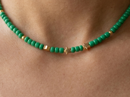 Handmade Green Seed Bead Necklace with Gold Star Charms, Dainty Celestial Jewelry