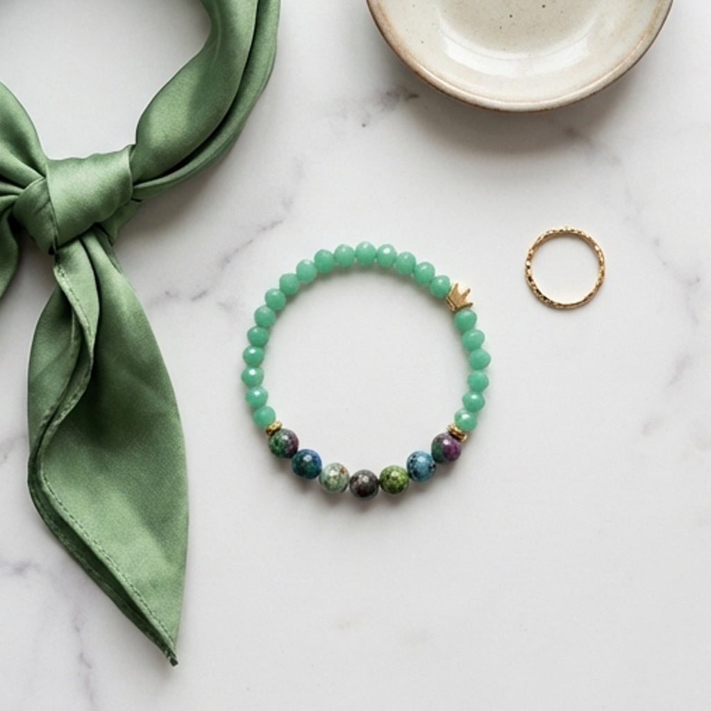 Ruby Zoisite and Green Agate Beaded Bracelet Natural Stone Gold Crown Charm Jewelry Earthy Handmade Boho Stacker