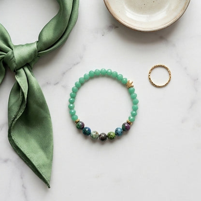 Ruby Zoisite and Green Agate Beaded Bracelet Natural Stone Gold Crown Charm Jewelry Earthy Handmade Boho Stacker