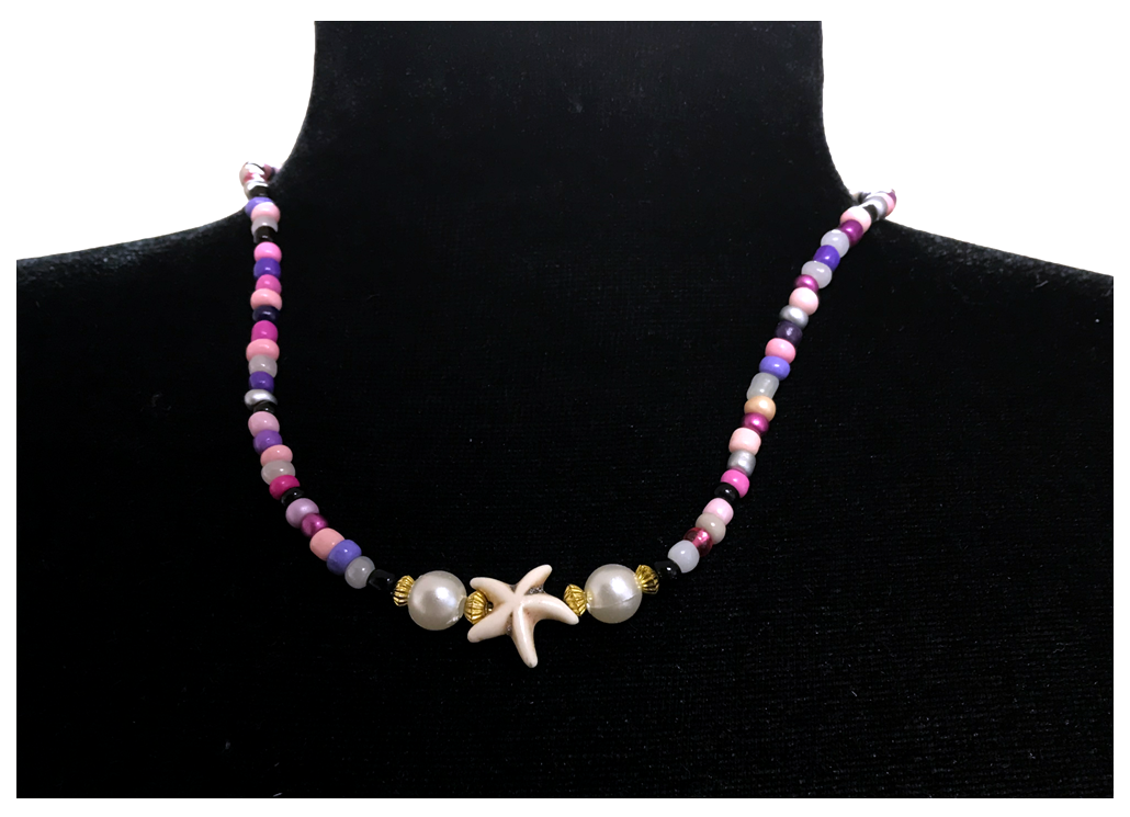 Handcrafted Lavender Coast Starfish and Pearl-like Necklace, Metal-Plated Clasp w/ Extension Chain