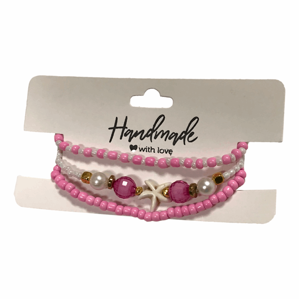 Handmade Pink White Gold Beaded Bracelet Set, Starfish Charm, Boho Ocean Jewelry