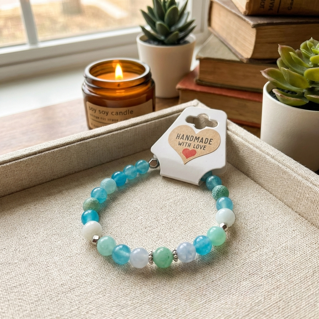 Handmade Blue Green Agate Gemstone Stretch Bracelet, Minimalist Boho Natural Stone