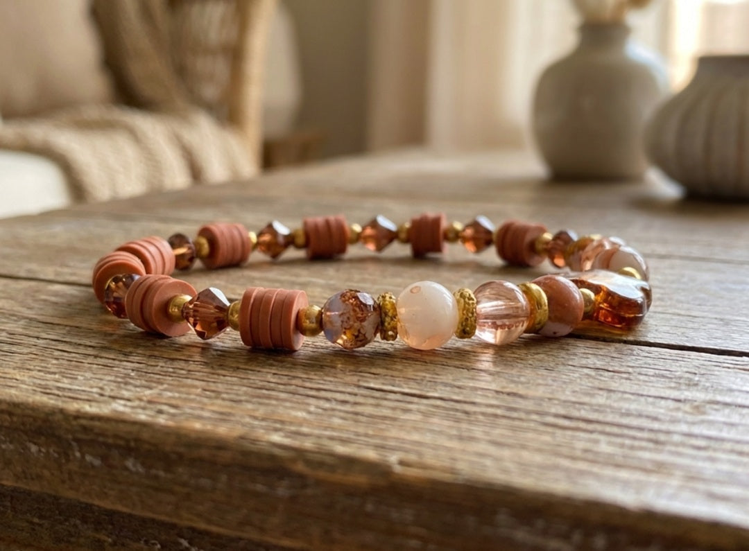 Handmade Beaded Stretch Bracelet with Warm Marbled Beads and Butterfly Centerpiece – Boho Gift Jewelry