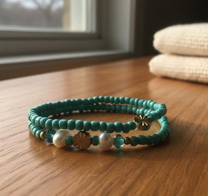 Handmade 2-Piece Turquoise Beaded Bracelet Set with Pearl Accents & Gold-Tone Flower Beads Gift