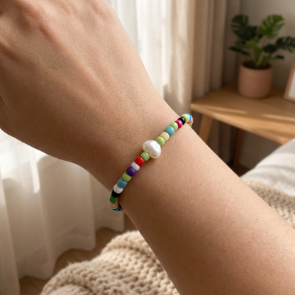 Rainbow Seed Bead Bracelet with Faux Pearl Heart Charm, Love, Joy & Friendship Meaningful Jewelry, Cute Stretch Gift for Her