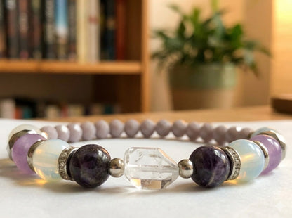 Handmade Amethyst & Opalite Healing Bracelet – Natural White Jade & Clear Quartz Beaded Jewelry for Peace, Balance, and Serenity