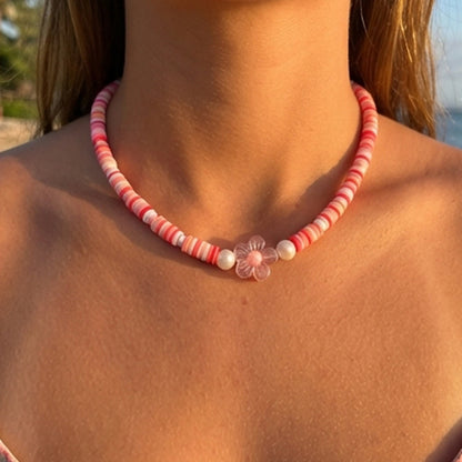 Pink Heishi Bead Necklace, Pastel Flower Charm, Surfer Beach Style Choker