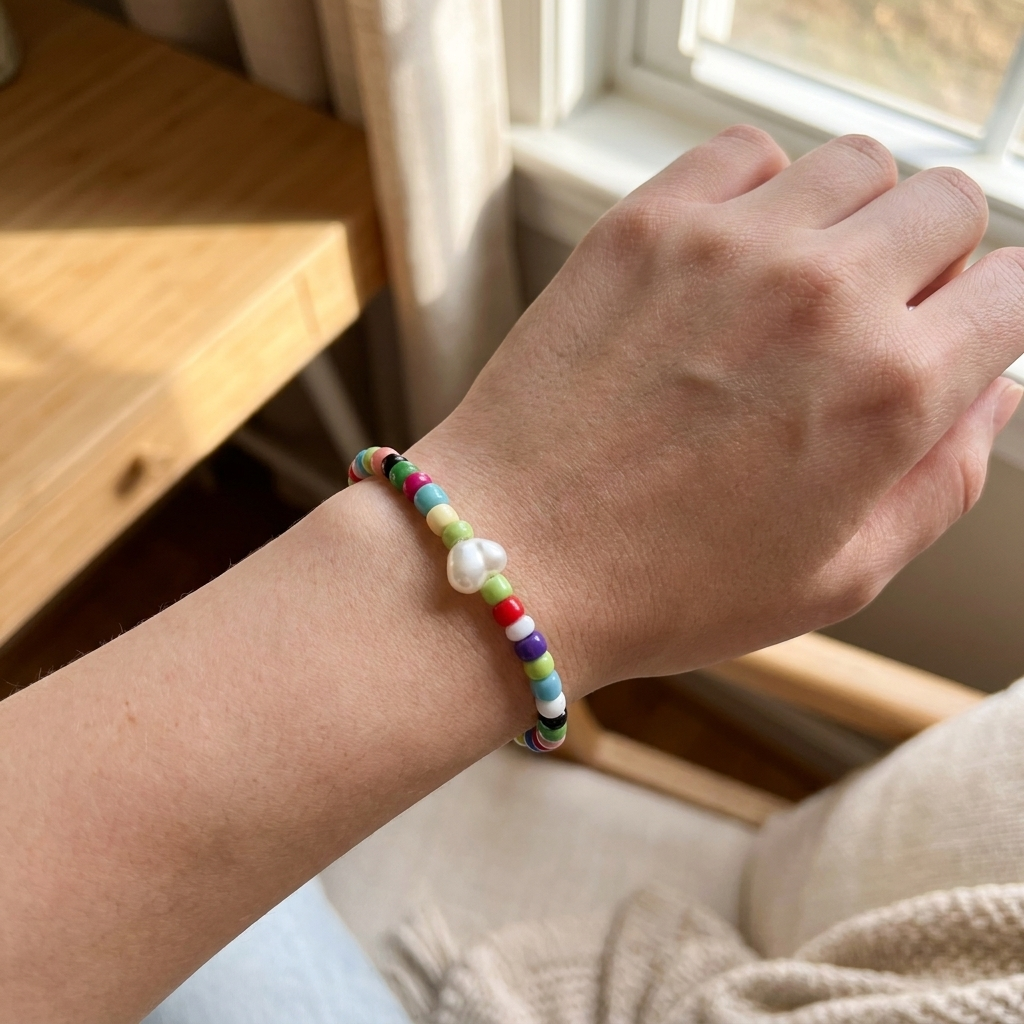 Rainbow Seed Bead Bracelet with Faux Pearl Heart Charm, Love, Joy & Friendship Meaningful Jewelry, Cute Stretch Gift for Her
