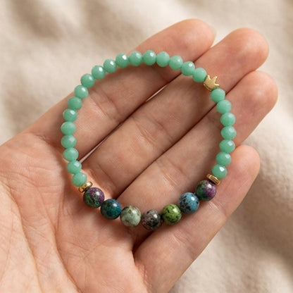 Ruby Zoisite and Green Agate Beaded Bracelet Natural Stone Gold Crown Charm Jewelry Earthy Handmade Boho Stacker