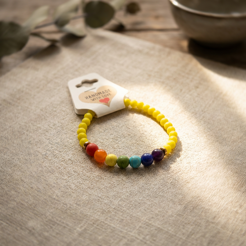 Colorful beaded bracelet on a beige surface with a 'Handmade with Love' tag.