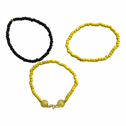 Handmade Yellow Black Beaded Bracelet Set, Starfish Charm, Boho Ocean Jewelry
