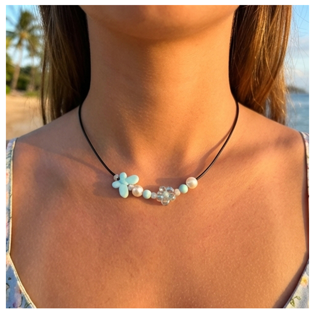 Handcrafted Flower-Butterfly Design Necklace with Pearl-like Beads, Black Cord, Lobster Claw with Extension Chain