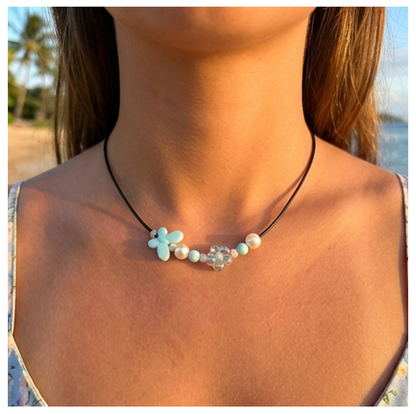 Handcrafted Flower-Butterfly Design Necklace with Pearl-like Beads, Black Cord, Lobster Claw with Extension Chain