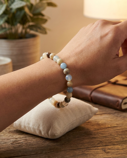 Hand wearing a beaded bracelet on a wooden surface with a plant and leather-bound book in the background