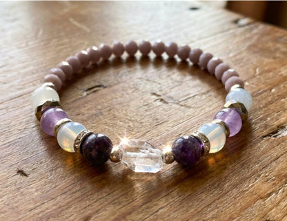 Handmade Amethyst & Opalite Healing Bracelet – Natural White Jade & Clear Quartz Beaded Jewelry for Peace, Balance, and Serenity