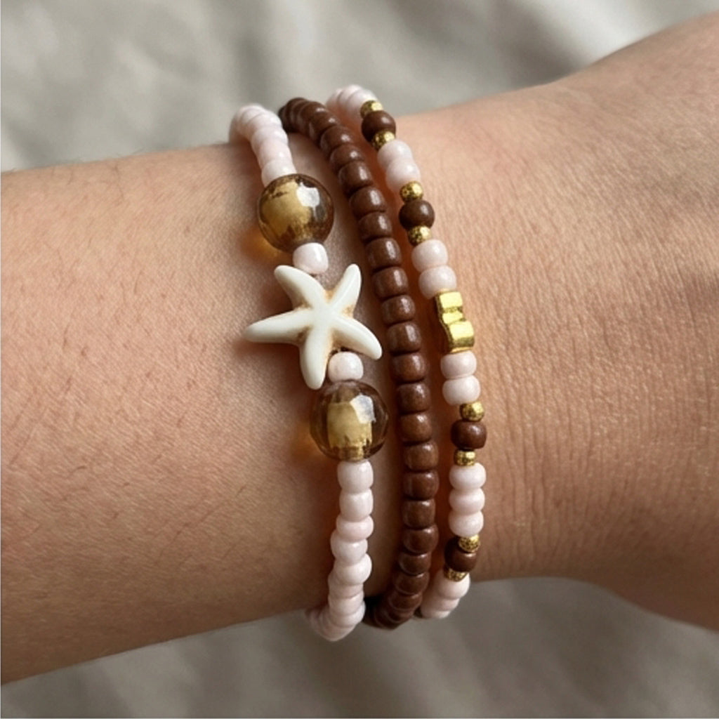 Handmade Sandrift Brown Gold Beaded Bracelet Set, Starfish Charm, Boho Ocean Jewelry