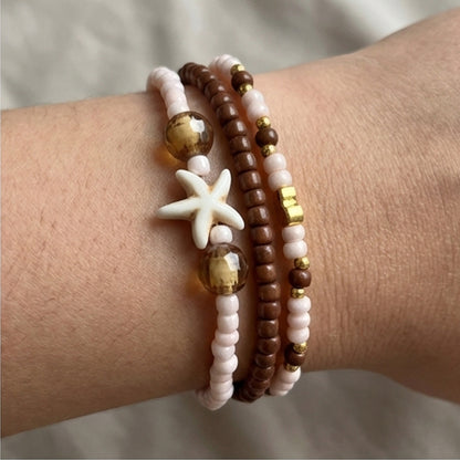 Handmade Sandrift Brown Gold Beaded Bracelet Set, Starfish Charm, Boho Ocean Jewelry