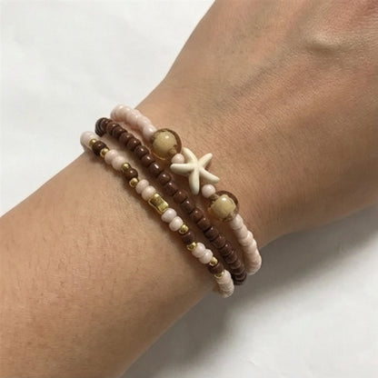 Handmade Sandrift Brown Gold Beaded Bracelet Set, Starfish Charm, Boho Ocean Jewelry