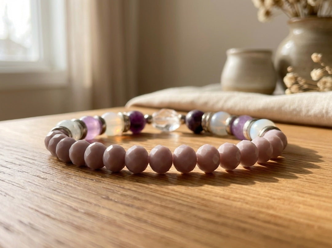 Handmade Amethyst & Opalite Healing Bracelet – Natural White Jade & Clear Quartz Beaded Jewelry for Peace, Balance, and Serenity