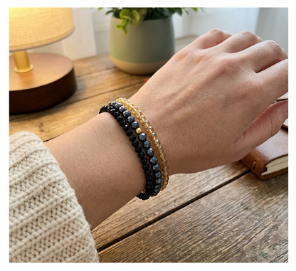 Handmade Black, Dark Grey, Light Amber Beaded Bracelet, Smoky Quartz & Obsidian Stack