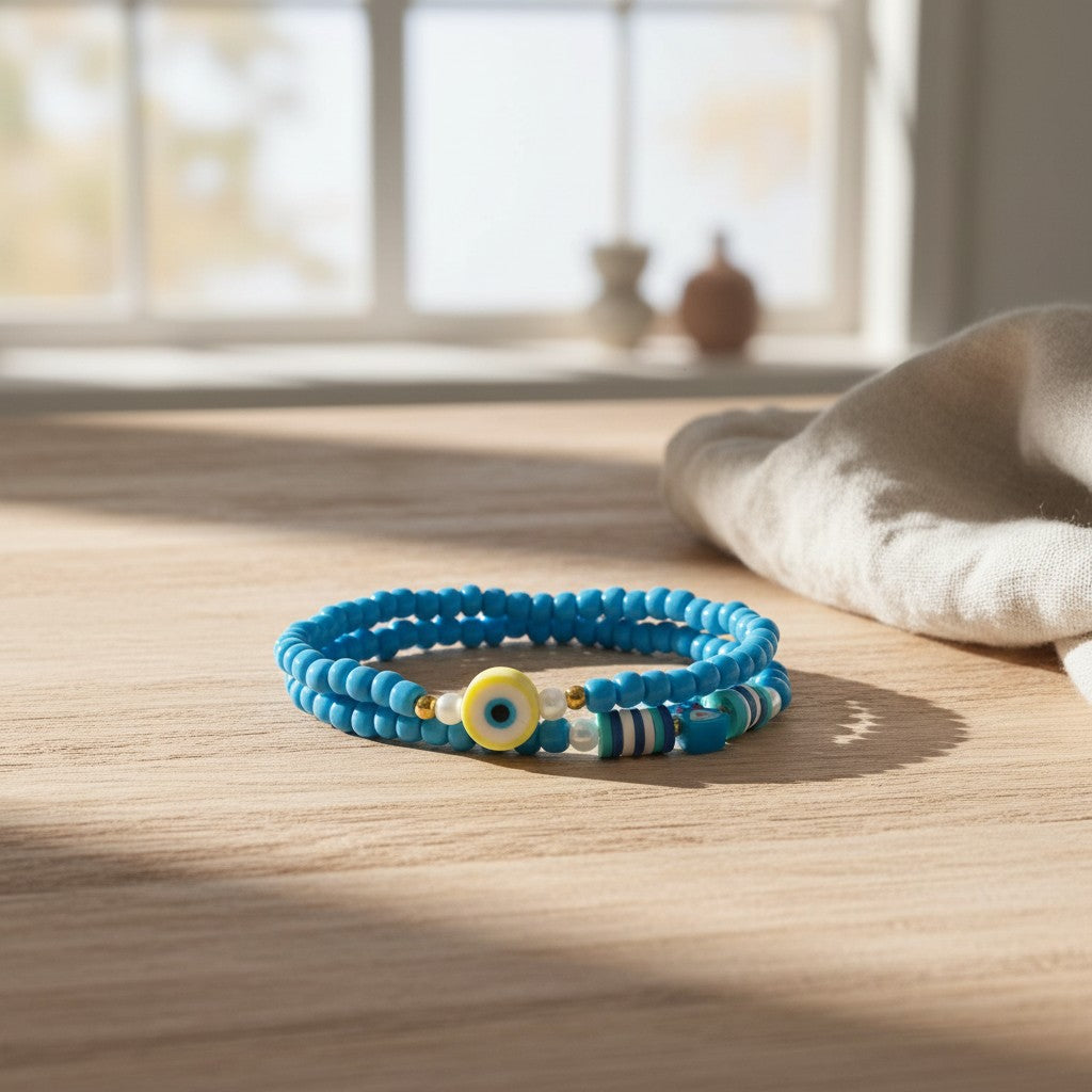 Blue beaded bracelet with a yellow evil eye charm on a wooden surface.