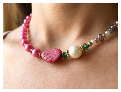 Handcrafted Pink Pearl-like Necklace with Faceted Crystal-style Beads, Metal-Plated Clasp w/ Extension Chain