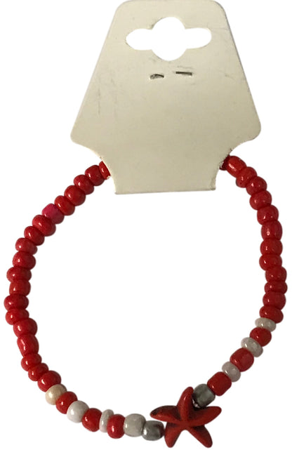 Coral Red Beaded Stretch Bracelet with Starfish Charm — Handmade Beachy Jewelry, Cute Stackable Coastal Summer Accessory Gift