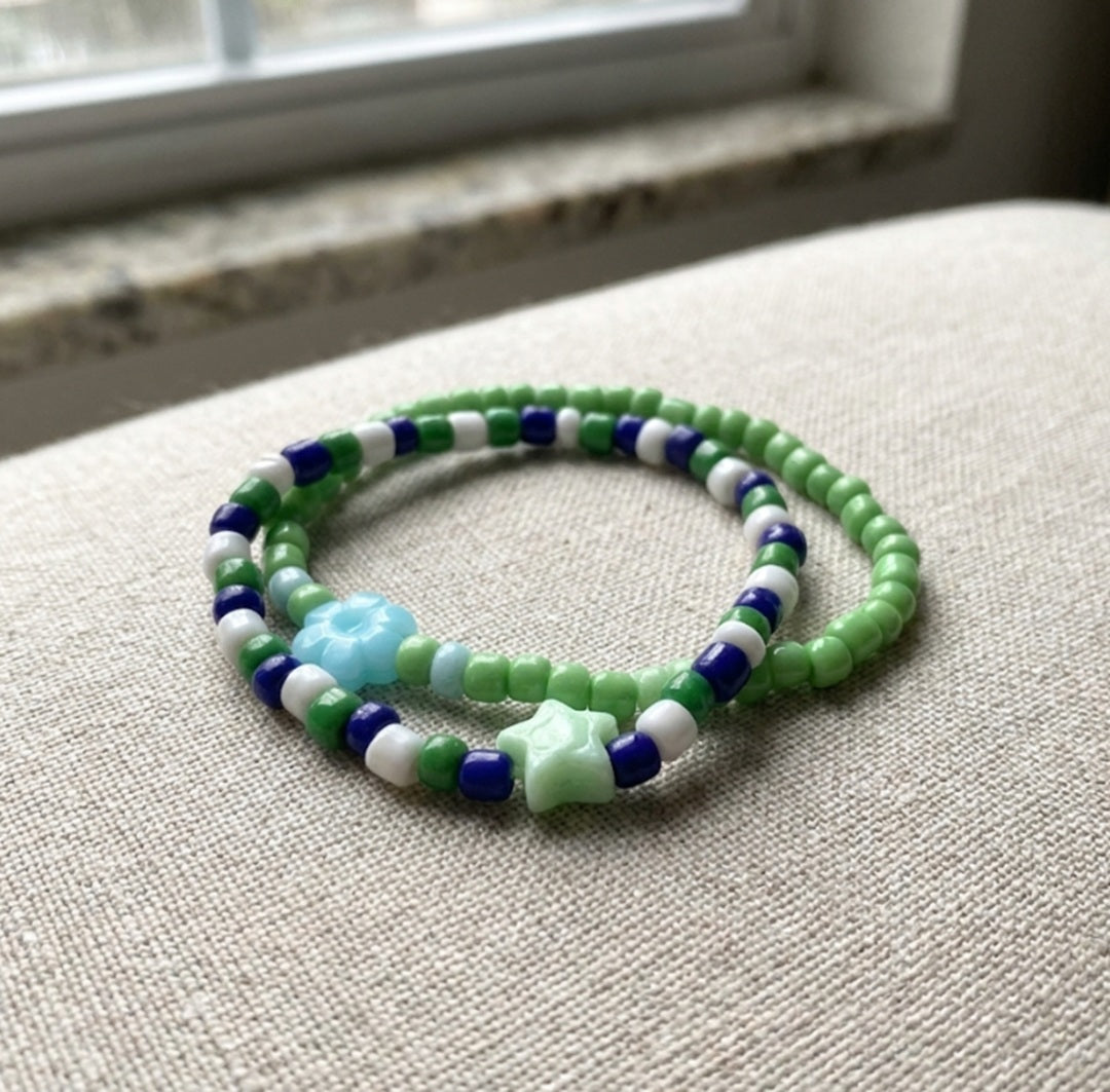 Handmade 2-Piece Colorful Beaded Bracelet Set Green White Blue with Star & Flower Accent Friendship Gift